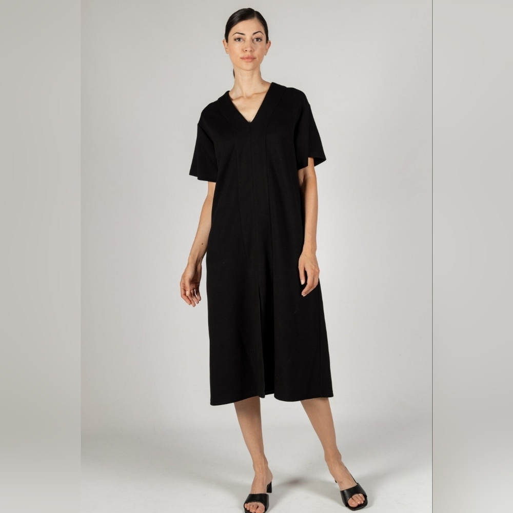 Linen Blend V Neck Shift Midi Dress